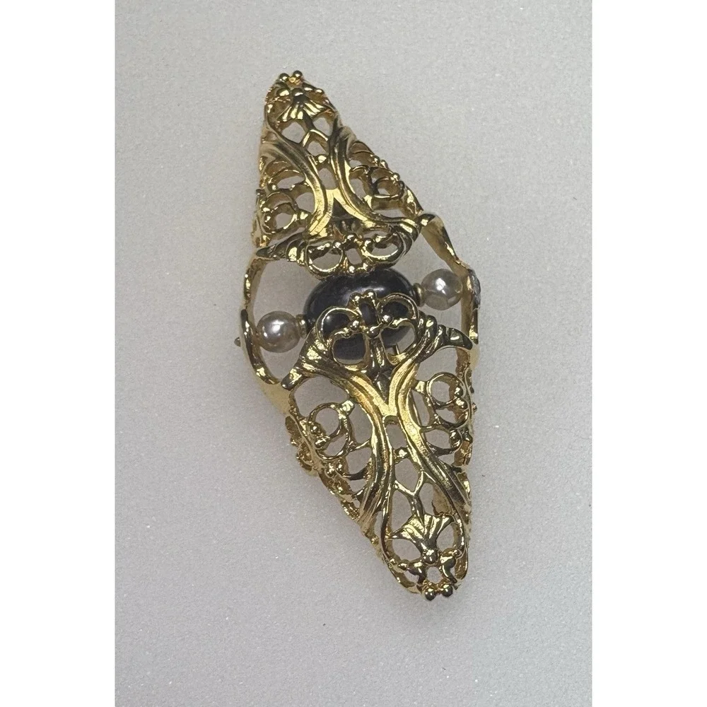Vintage Napier 1980s Brooch Gold Filigree Faux Pearl Purple Cabochon Book Piece